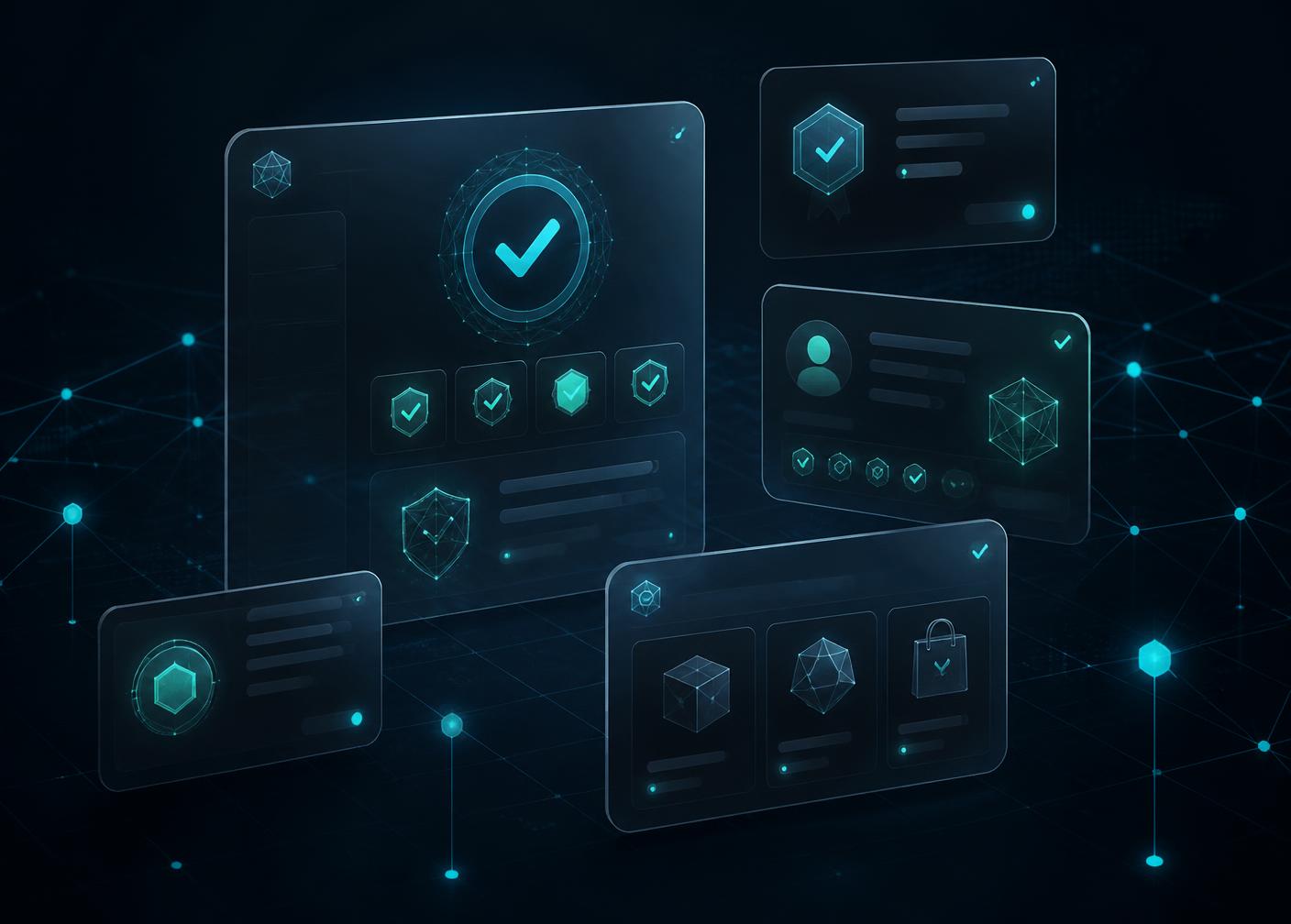 Abstract dashboard showing verified account cards and verification checkmarks